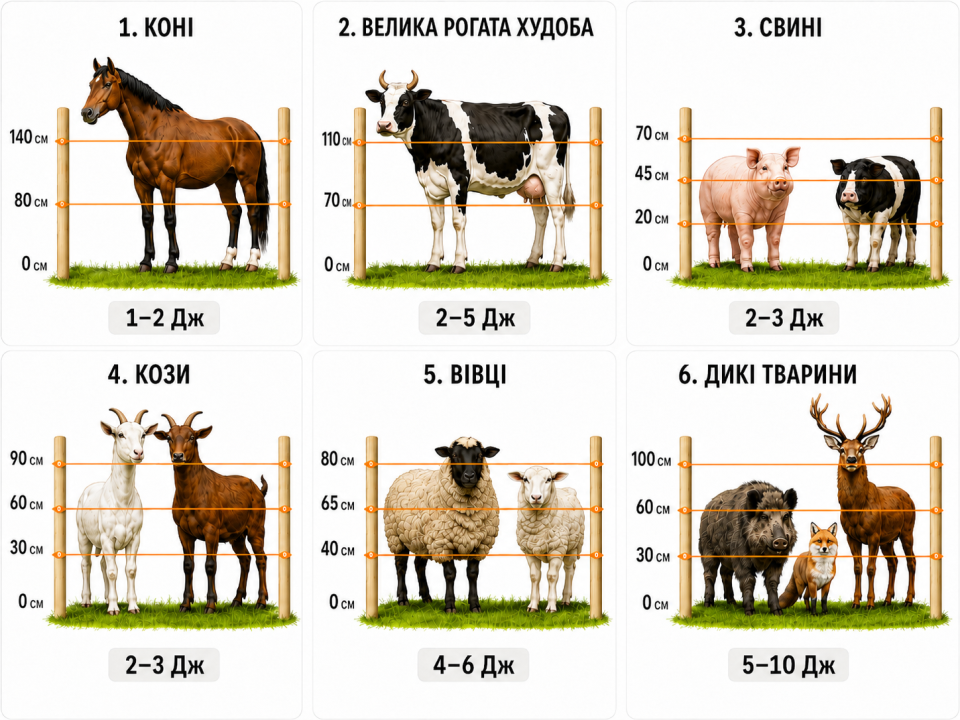 The height of the electric fence wire and how many joules are required for different animals